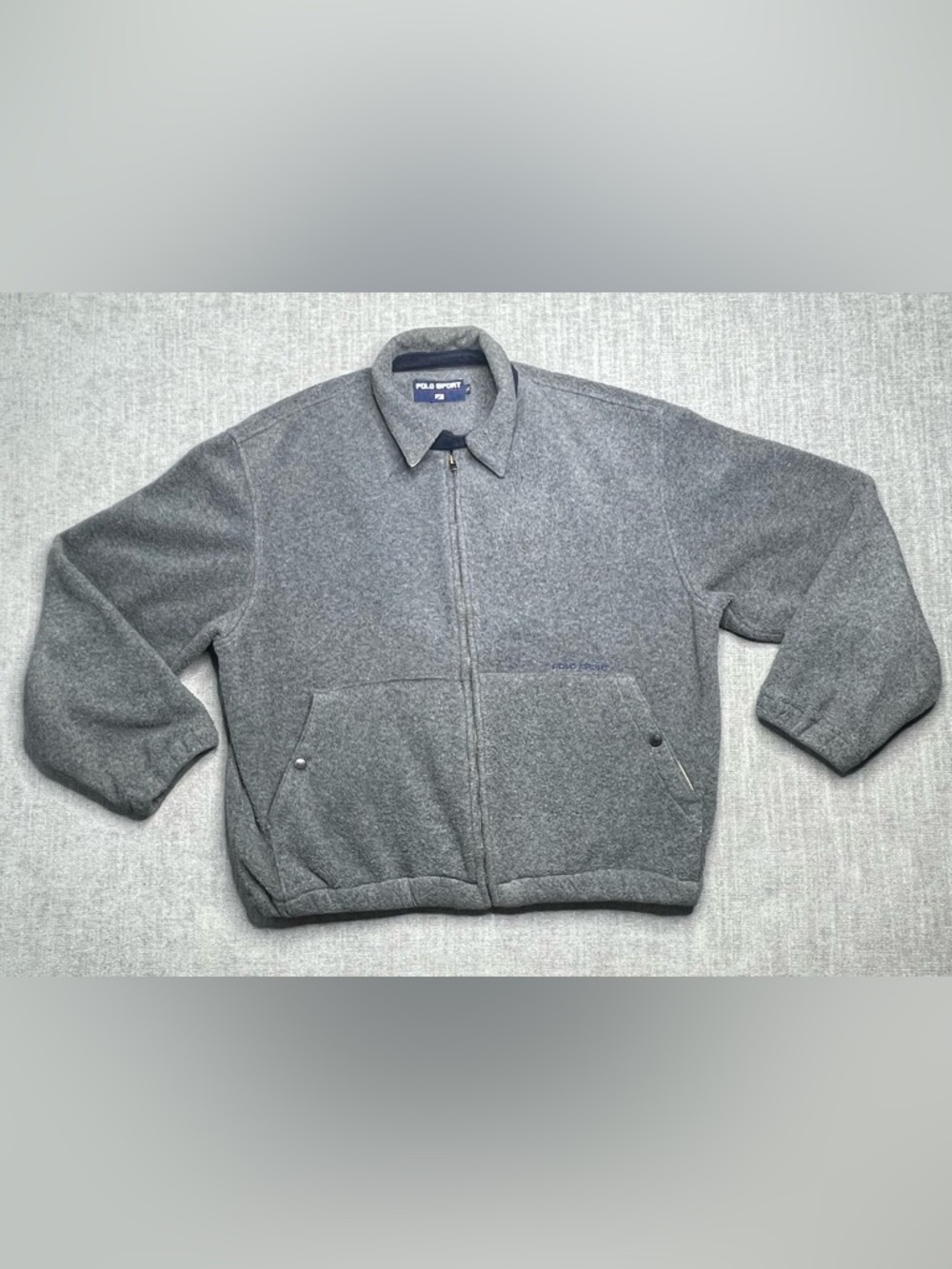 Vintage POLO SPORT Ralph Lauren Jacket Mens Large Gray Fleece Full Zip Spell Out